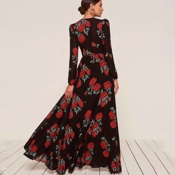 NWT Reformation Milan Maxi Dress Black Floral Hera Wrap Bridesmaid Dress Petite - Picture 12 of 13